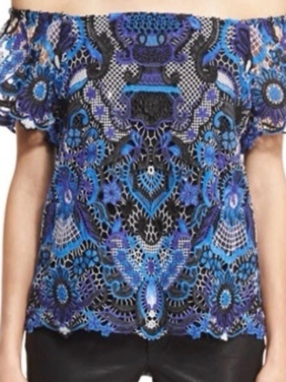Alice and Olivia Blue and Black Lace Off-Shoulder Top